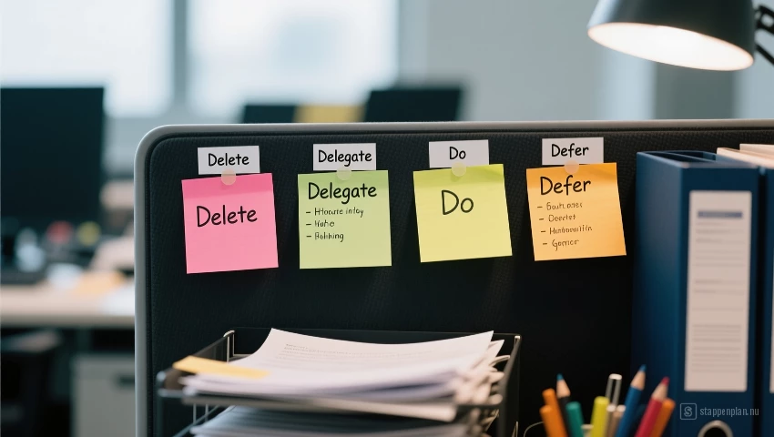 Werkplek met labels voor de 4 D's