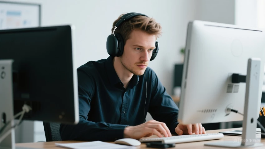 Persoon met koptelefoon aan het werk.