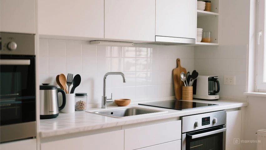 Georganiseerd aanrecht met minimale rommel.