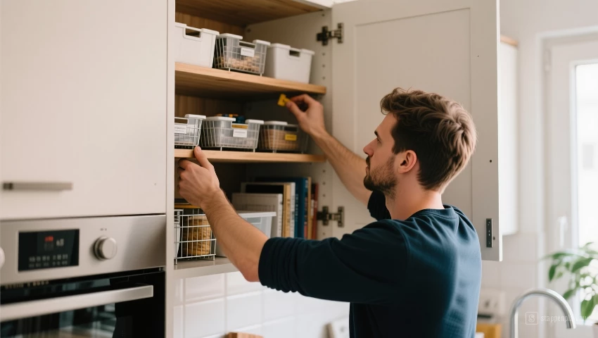 Iemand past planken aan in een kast.
