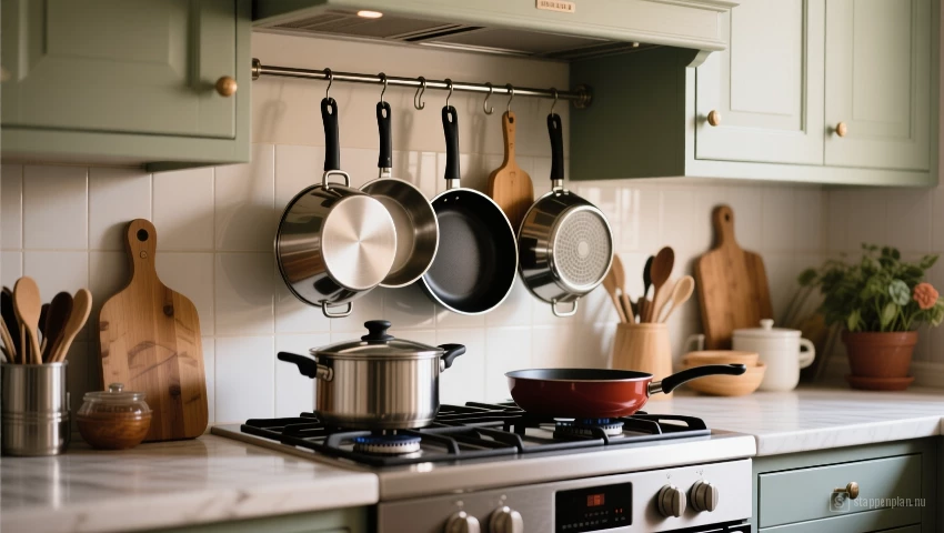 Pannen aan een rek boven het fornuis.