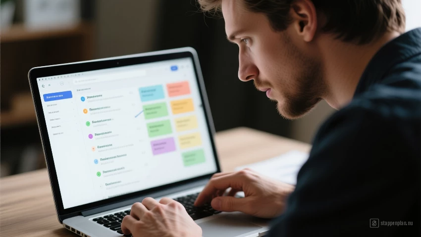 Persoon die taken prioriteert op laptop.