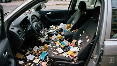 Interieur van een auto vol rommel.