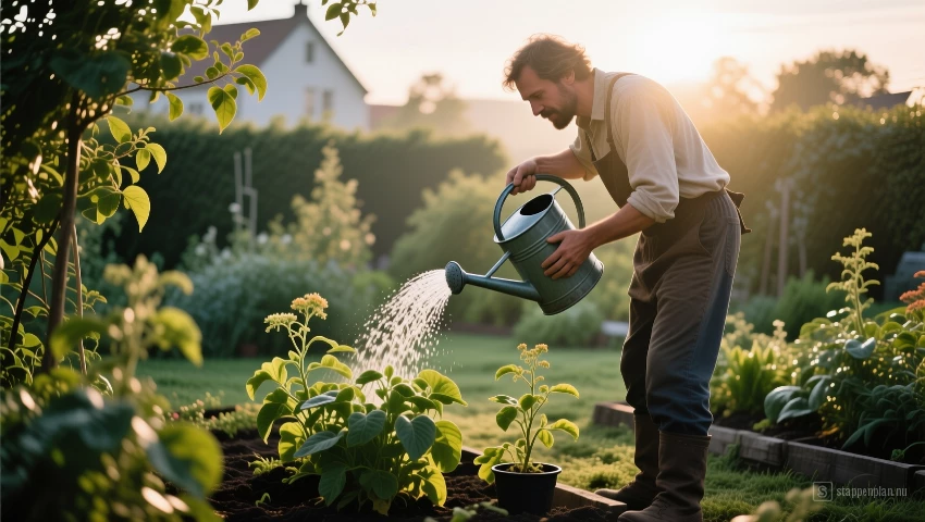 Iemand die planten water geeft in de tuin