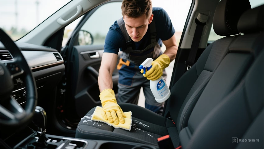 Iemand die de auto bekleding schoonmaakt met een reinigingsoplossing.
