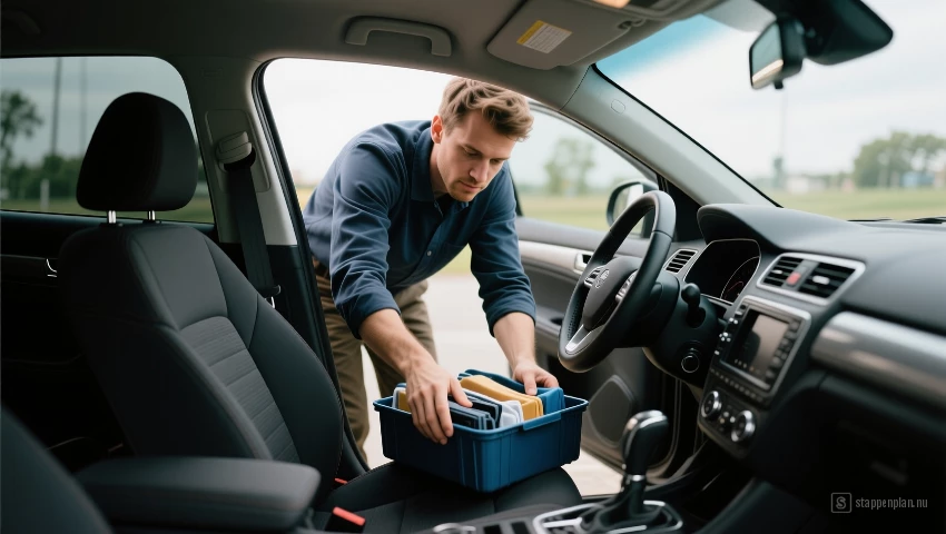 Iemand die spullen uit de auto haalt om op te ruimen.