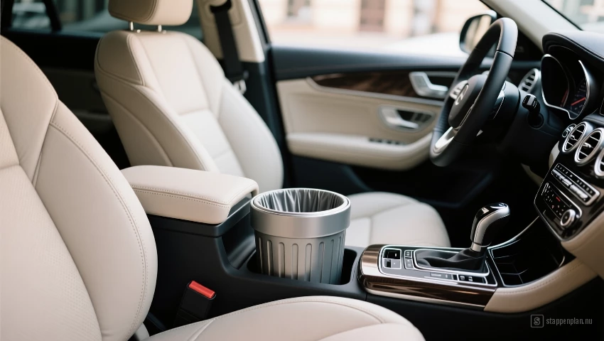 Een schoon auto interieur met een netjes geplaatst afvalbakje.