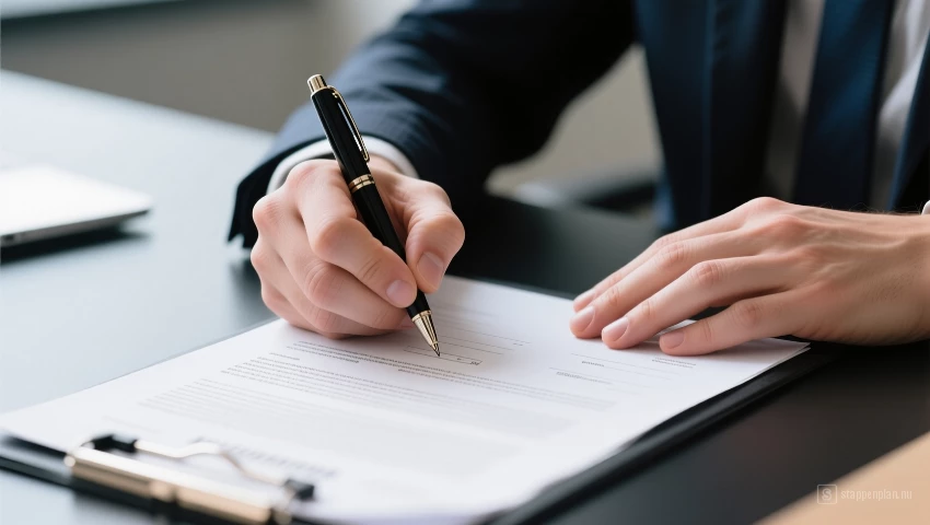 Persoon tekent contract, voorwaarden bevestigd.