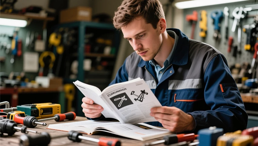 Persoon studeert een reparatiehandleiding.