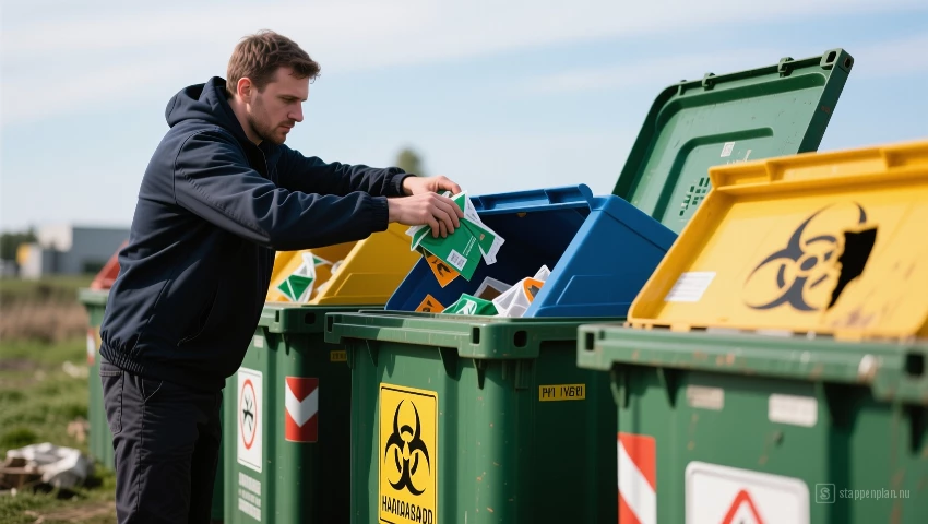 Persoon verwijdert gevaarlijk afval in speciale containers.