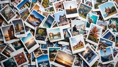 Visuele metafoor van een rommelige stapel foto's die netjes geordend wordt