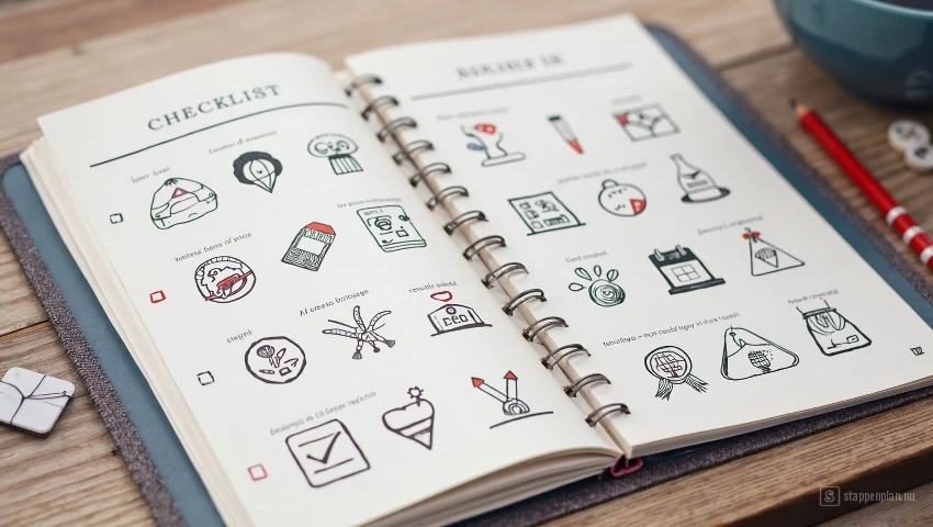 Checklist met handgetekende illustraties.