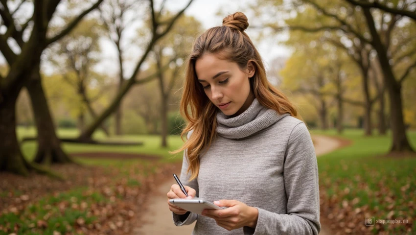 Persoon die checklist tijdens wandeling afvinkt.