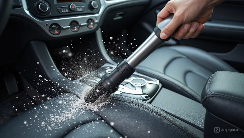 Een auto interieur met stofdeeltjes die worden opgezogen.
