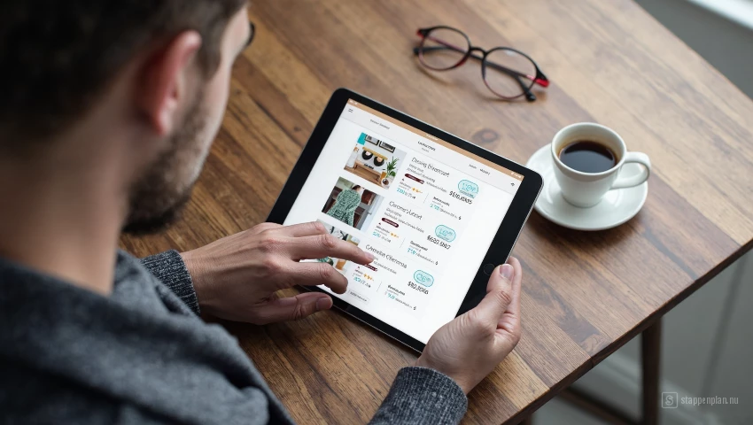 Persoon scrollt door website met aanbiedingen.