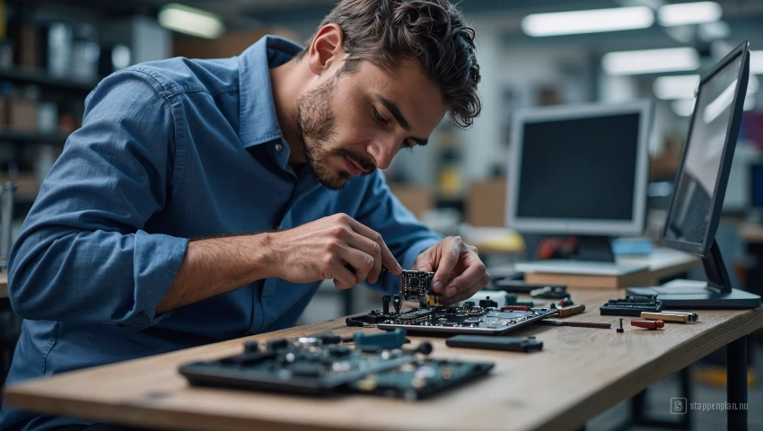 Goed verlichte werkruimte met een kapot apparaat dat wordt gerepareerd.