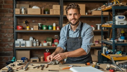 Persoon organiseert gereedschap en materialen.