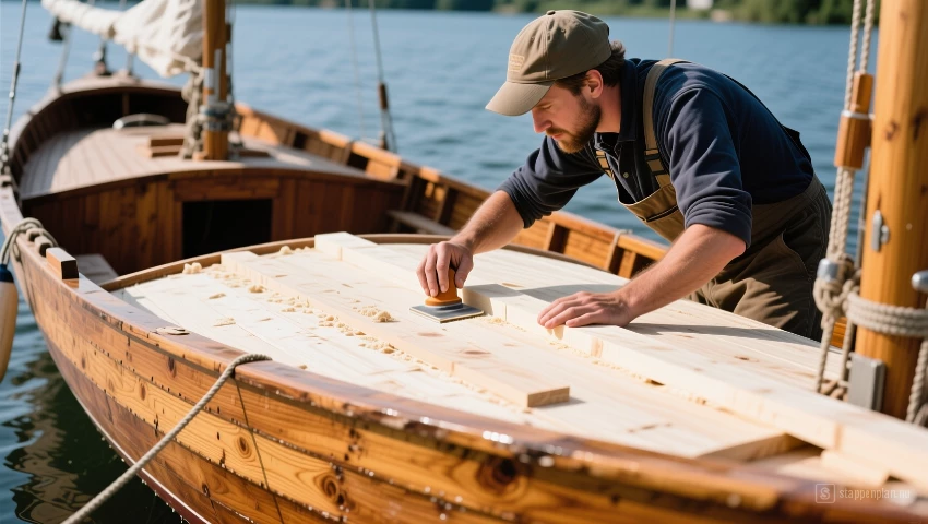 Persoon schuurt houtvuller glad.