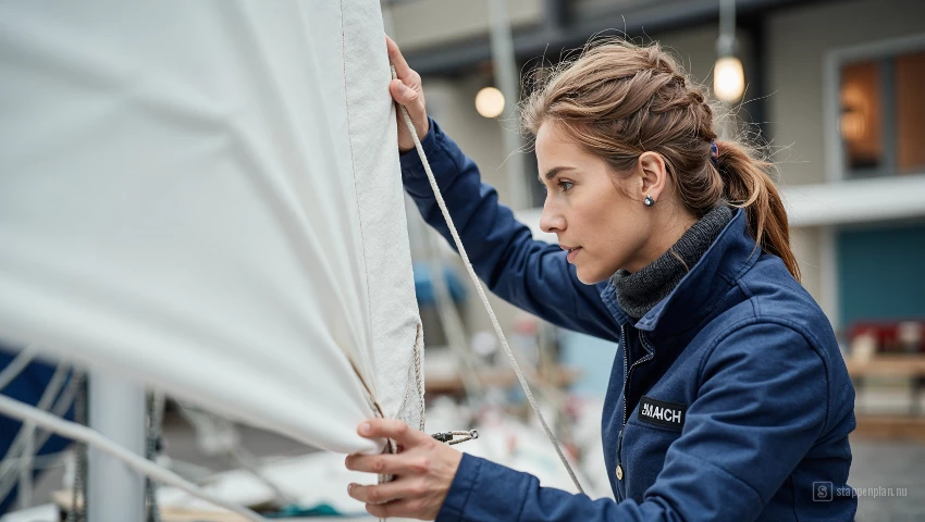 Zeilmaker inspecteert afgeronde reparatie.