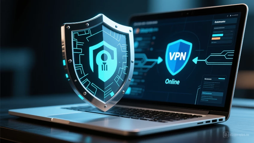 Digitale schild beschermt laptop, VPN verbinding