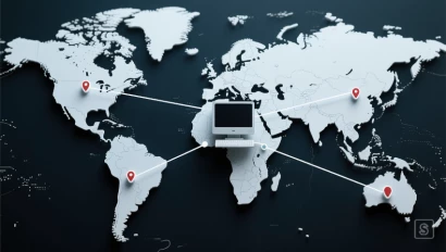 Wereldkaart met lijnen naar computer, symbool voor locatiebepaling