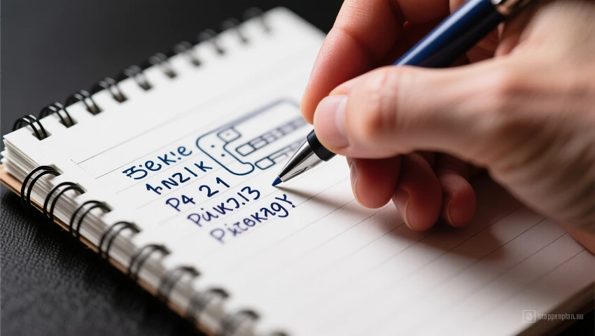 Hand schrijft een complex wachtwoord op een notitieblok