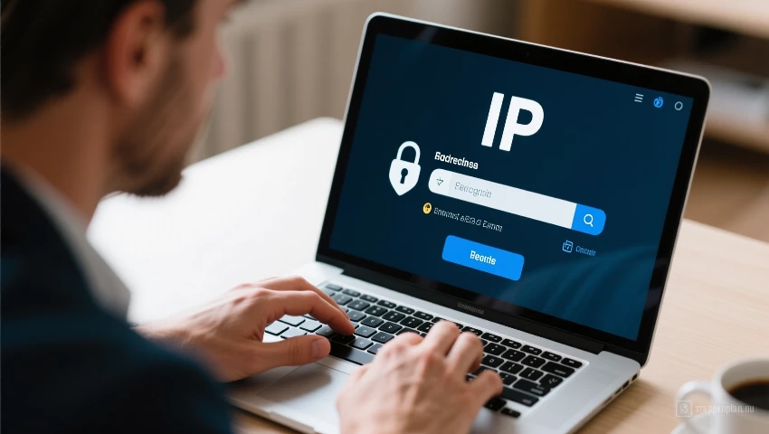 Persoon gebruikt laptop, controleert IP adres als routine