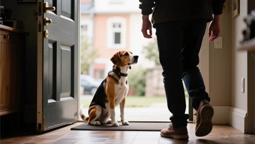 Hond houdt 'blijf' positie bij de deur.