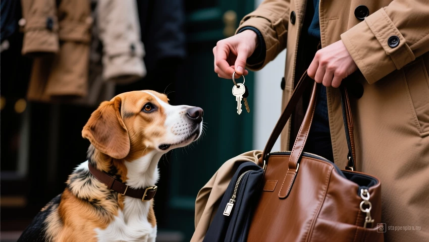 Hond blijft kalm terwijl eigenaar spullen pakt.
