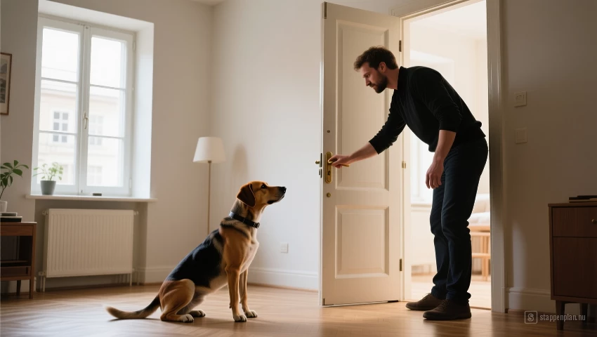 Hond blijft zitten terwijl deur sneller opent en sluit.