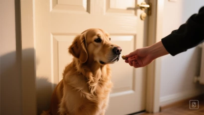 Gouden retriever rustig zittend bij de deur.