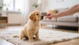 Een Golden Retriever puppy zit op een zachte rug, met een hand die een beloning aanbiedt.