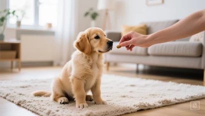 Een Golden Retriever puppy zit op een zachte rug, met een hand die een beloning aanbiedt.
