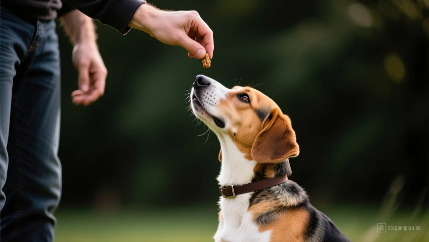 Een persoon houdt een beloning boven het hoofd van de hond, en begeleidt hem in een zithouding.