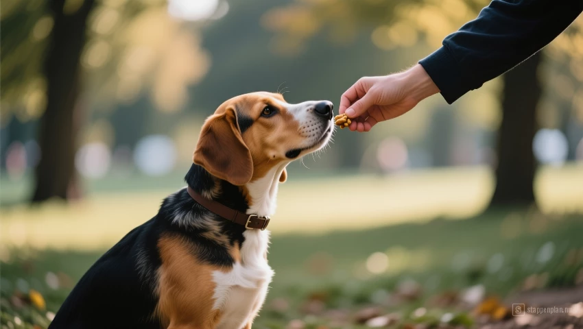 Een hand die een beloning geeft aan een zittende hond, met een wazige achtergrond van een park.