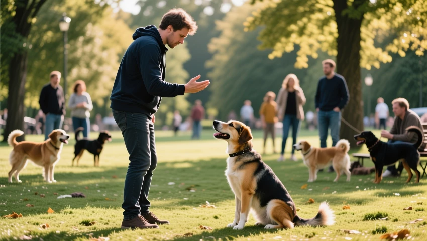 Een persoon die het commando 'zit' oefent met zijn hond in een park, met andere mensen en honden op de achtergrond.