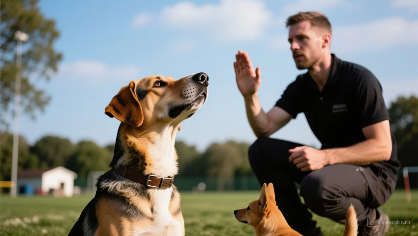 Een hond die duidelijke verwachting toont terwijl de trainer het commando ‘zit’ uitspreekt.