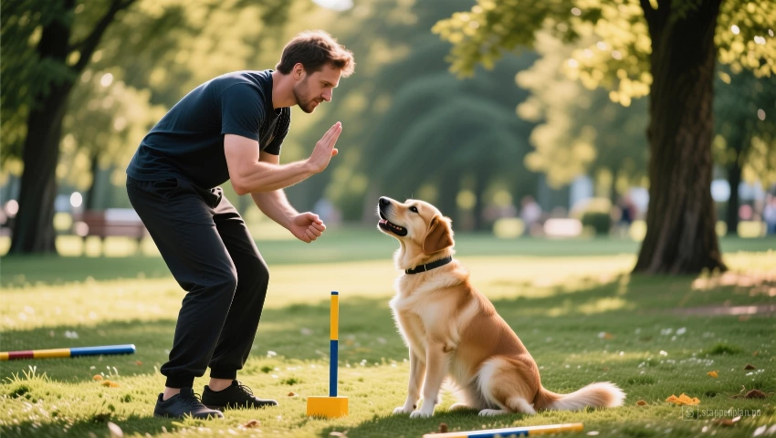 Een persoon die zijn hond traint in een park, en het commando 'zit' herhaalt, met de nadruk op de aandacht van de hond.