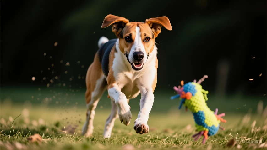 Hond rent op speeltje af.