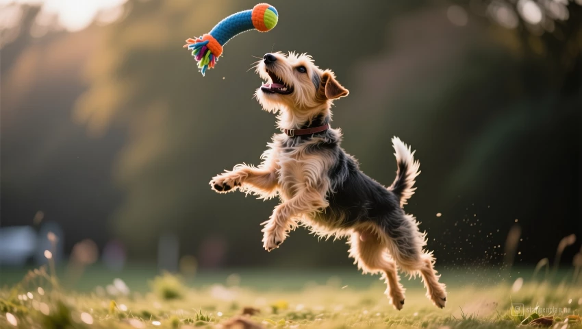 Terrier springt naar hoog gegooid speeltje.