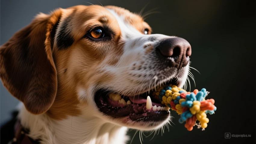 Hond houdt speeltje in bek met focus.