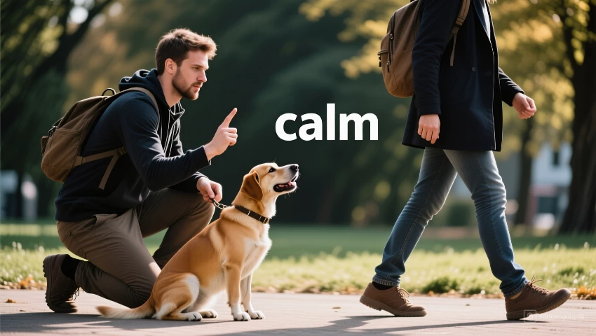 Hondeneigenaar zegt 'rustig' tegen zijn hond terwijl een persoon voorbij loopt.