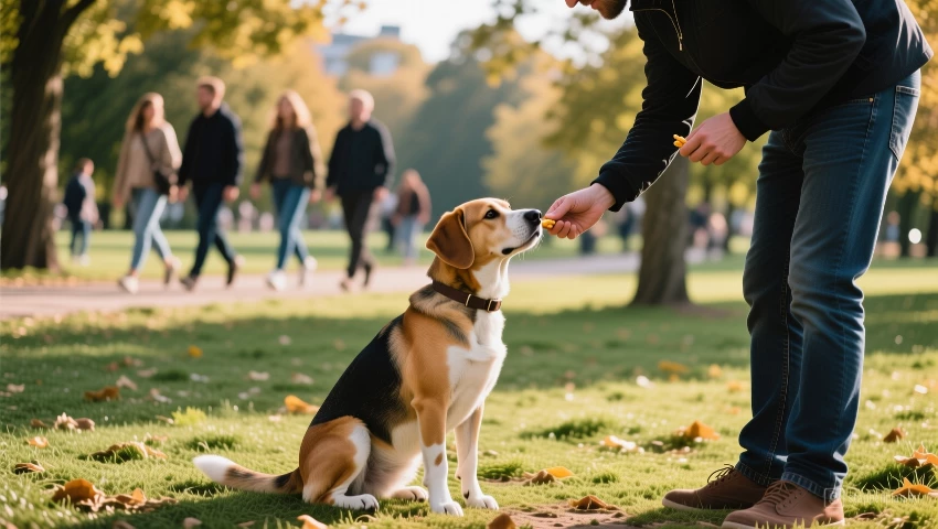 Hond zit rustig in een park, mensen lopen dichterbij, eigenaar geeft een beloning.