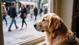 Gouden retriever kijkt gefocust uit het raam naar voorbijgangers.
