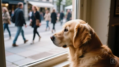Gouden retriever kijkt gefocust uit het raam naar voorbijgangers.