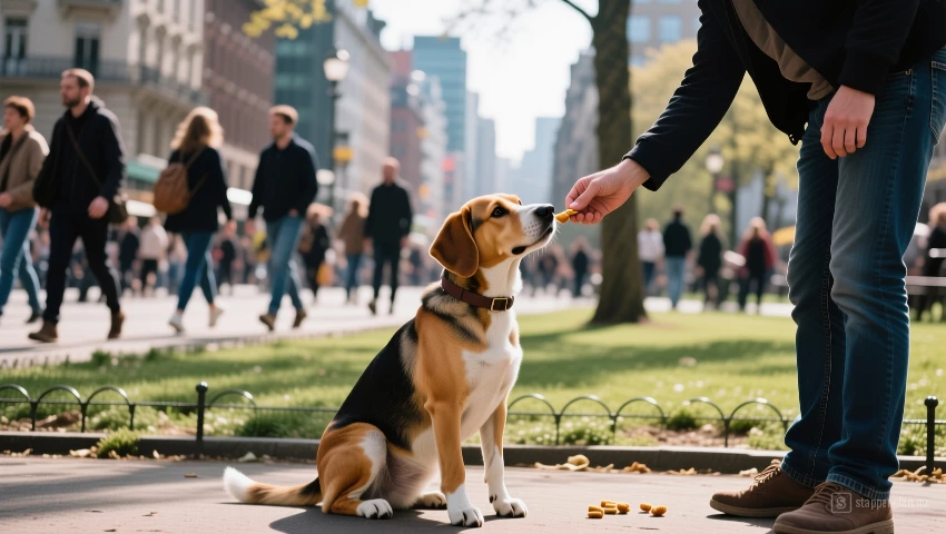 Hond zit rustig in een drukke stadspark, mensen lopen op verschillende afstanden langs, eigenaar geeft een beloning.