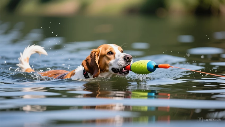 Hond die zelfverzekerd zwemt om de dummy op te halen.