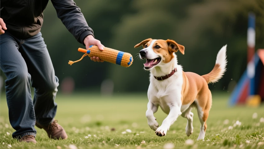 Hond brengt dummy terug naar eigenaar.