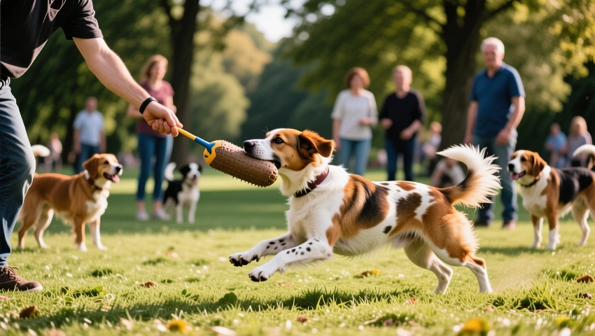 Hond haalt dummy op in een park met mensen en andere honden.