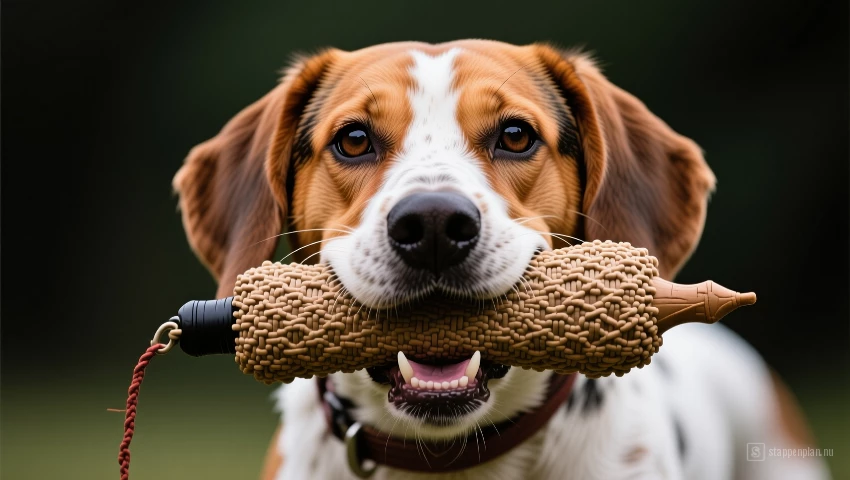 Hond houdt een dummy met textuur in zijn bek.